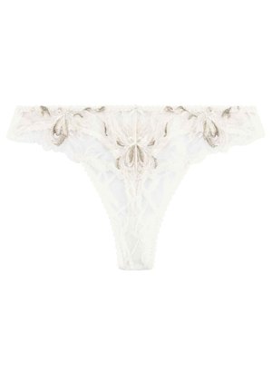 String en dentelle ivoire avec broderie florale en doré. Présente des panneaux en tulle transparent et des bords festonnés, conservant un design délicat et complexe.