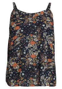 Blomstret ærmeløs top i marineblå med orange og lyseblå blomster. Blødt stof, afslappet pasform, justerbare stropper og flydende design.