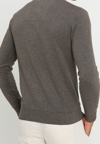 Grau gestrickter Pullover mit langen Ärmeln, runder Ausschnitt und gerippten Bündchen. Hergestellt aus einem weichen, strukturierten Stoff, mit einem schlichten Design auf der Rückseite.