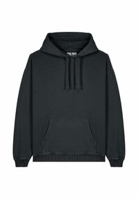 Felpa nera con cappuccio in tessuto morbido, dotata di cappuccio con cordino, tasca a marsupio frontale e polsini e orlo a coste. Design semplice.