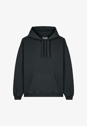 Must musta, pehmest kangast, millel on kapuuts ja nöörid, ees kangaroo tasku ning soonikkudega varrukad ja alläär. Lihtne disain.