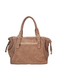 Borsa in suede marrone con doppi manici, tasca frontale con zip e dettagli in oro, caratterizzata da una superficie morbida e un design strutturato.