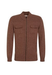 Maglione lavorato a maglia marrone con colletto a coste, due tasche sul petto, zip integrale e tessuto texturizzato. Ideale per outfit a strati.