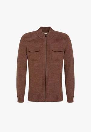 Maglione lavorato a maglia marrone con colletto a coste, due tasche sul petto, zip integrale e tessuto texturizzato. Ideale per outfit a strati.
