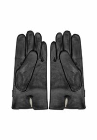 Czarne skórzane rękawiczki o gładkiej fakturze, z otwartymi palcami i detalami w postaci przeszyć wzdłuż brzegów.