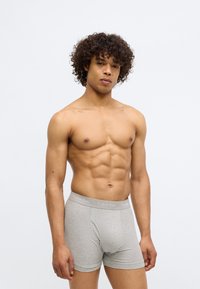Gray cotton boxer briefs with a thin elastic waistband featuring "Calvin Klein" logo, worn by a model with curly hair and a toned physique.