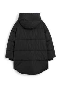 Czarna kurtka puchowa z kapturem, krótkimi rękawami i zaokrąglonym dołem. Wykonana z lekkiego, pikowanego materiału o gładkiej fakturze.