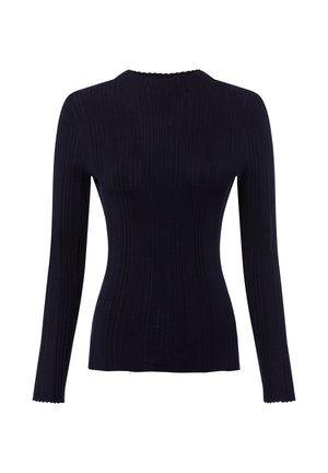 Donker marineblauwe lange mouwen ribgebreid sweater met een hoge halslijn en gegolfde afwerking. Heeft een aansluitende pasvorm en een gestructureerde stof.