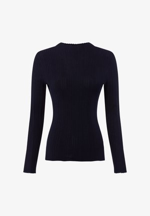 Donker marineblauwe lange mouwen ribgebreid sweater met een hoge halslijn en gegolfde afwerking. Heeft een aansluitende pasvorm en een gestructureerde stof.