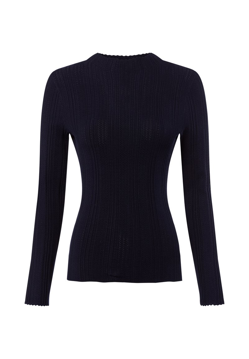 Ciemnoniebieski sweter z długim rękawem, prążkowany, z wysokim dekoldem i falbaniastym wykończeniem. Charakteryzuje się dopasowanym krojem i teksturowanym materiałem.