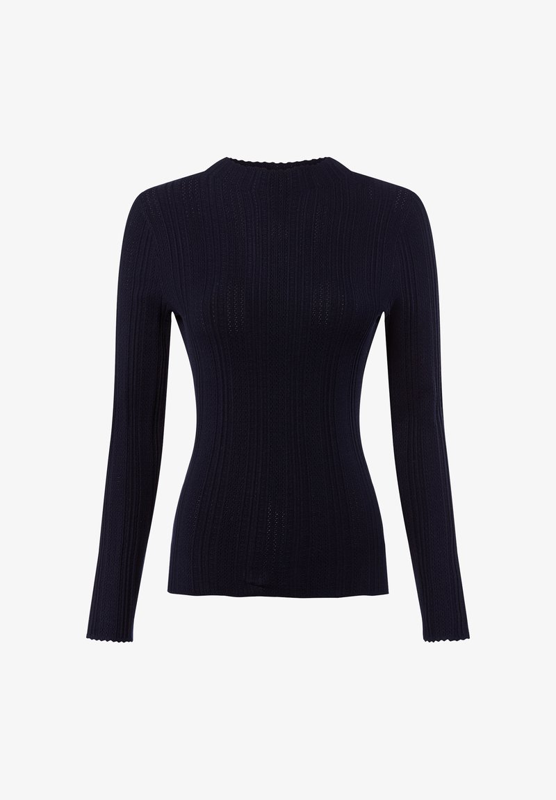 Ciemnoniebieski sweter z długim rękawem, prążkowany, z wysokim dekoldem i falbaniastym wykończeniem. Charakteryzuje się dopasowanym krojem i teksturowanym materiałem.