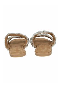 Platte sandalen met een tan kleurige zool, voorzien van zilveren strassteentjes op geweven bandjes en een zachte, gestructureerde voetbed.