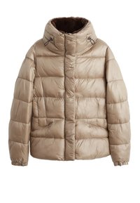 Beige quilted jakke med høj krave, med lynlås og justerbare snore ved halsen. Glat, shiny overflade.