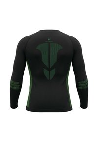 Long-sleeve shirt in black with green accents. Features a textured back design and ribbed detailing on the sleeves. Made from stretchable material.