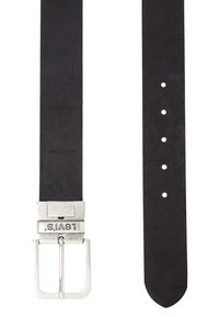 Black leather belt with a silver metal buckle, featuring a rectangular shape and four adjustment holes along its length.