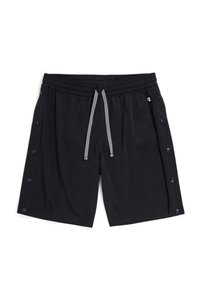 Pantaloni corti neri realizzati in tessuto leggero con vita elasticizzata e cordino. Presentano bottoni a pressione lungo i lati e un logo.