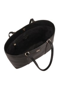 Zwarte lederen draagtas met twee handvatten, een interne ritsvak en een stoffen voering met een subtiel patroon. Accenten van goudkleurig hardware.