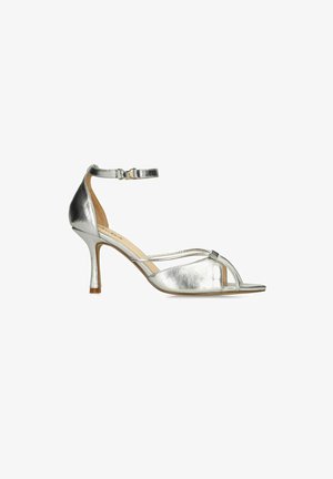 Zilverkleurige metallic open-toe hoge hak sandaal met enkelbandje en smalle hak op een witte achtergrond.