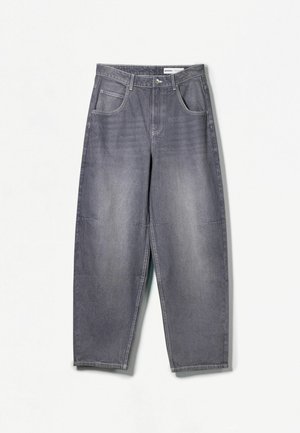 Dark grey wide-leg jeans made of denim, featuring front pockets and a front button closure, with a soft texture and subtle fading.
