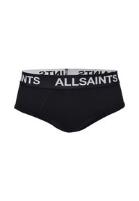Black underwear with a soft fabric, featuring a contrasting white elastic waistband embossed with "ALLSAINTS." Classic brief design with seamless edges.