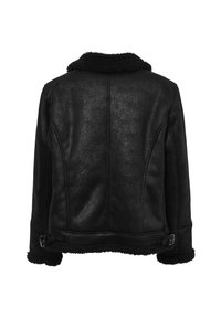 Giacca in shearling nera con colletto e polsini in peluche, dettagli con fibbia sui lati, finitura in pelle testurizzata, vista da dietro.