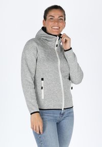 Gray zip-up jacket with a hood, featuring black accents, side pockets, and a smooth texture. Worn over light blue jeans.