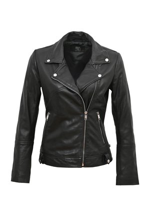 Veste de motard en cuir pour femme noire avec fermeture éclair asymétrique sur le devant, boutons-pression argentés sur le col et deux poches latérales zippées.