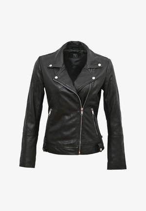 Leren motorjack voor zwarte vrouwen met asymmetrische ritssluiting aan de voorkant, zilverkleurige drukknoopjes op de kraag en twee zijzakken met rits.