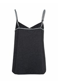 Débardeur noir à fines bretelles ajustables. Présente une bordure blanche décorative le long de l'encolure et une coupe décontractée. Tissu à texture douce.