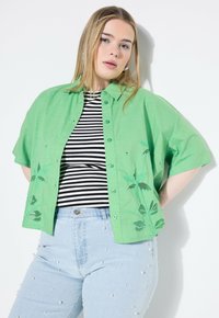 Camicia verde a maniche corte con bottoni e ricami floreali, indossata sopra una maglietta a righe bianco e nere. Jeans blu chiaro con decorazioni di perle.