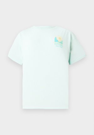 Mint green T-shirt made of cotton, featuring short sleeves and a rounded neckline. Front includes a graphic logo with landscape and sun design.
