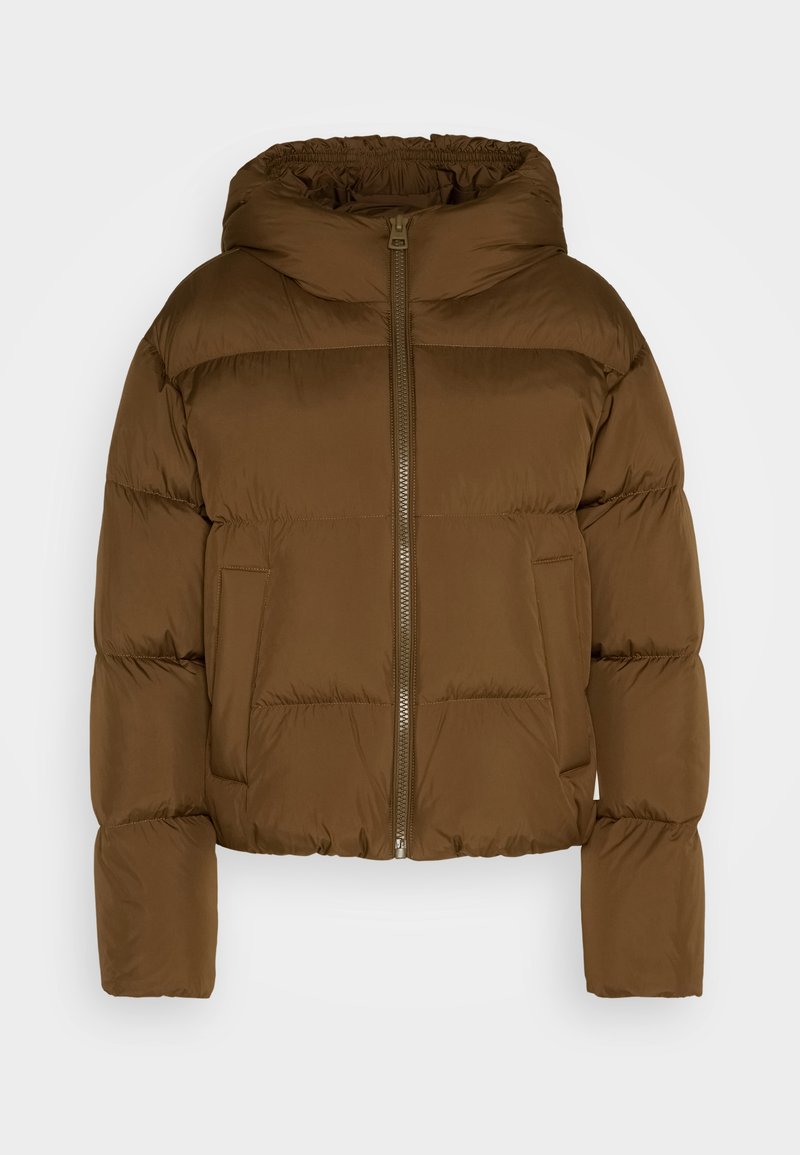 Braune Pufferjacke mit hohem Kragen, Frontreißverschluss und zwei seitlichen Taschen. Besitzt gesteppte Abschnitte und elastische Bündchen.