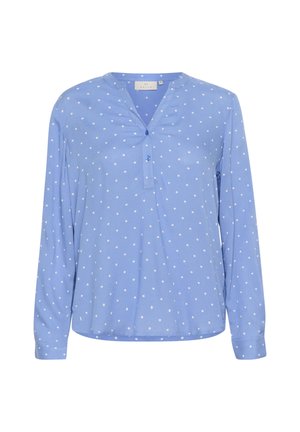 Maglietta blu a maniche lunghe con scollo a V e pois bianchi. Realizzata in tessuto morbido, presenta una patta con bottoni e un orlo leggermente curvo.