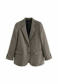 Sacou cu model houndstooth în nuanțe de maro și negru, având rever tăiat, două buzunare frontale și închidere cu un singur nasture. Material texturat.