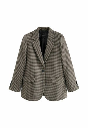 Braun und schwarz karierter Blazer im Hahnentrittmuster, ausgestattet mit einem Reverskragen, zwei Fronttaschen und einem Ein-Knopf-Verschluss. Strukturierter Stoff.