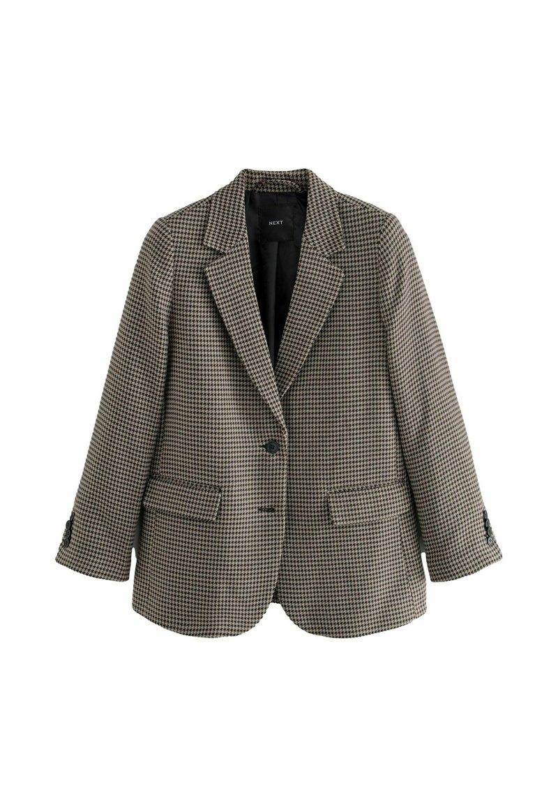 Bruine en zwarte houndstooth-gepatroneerde blazer, met een uitgesneden revers, twee voorzakken en een enkele knoopsluiting. Getextureerde stof.