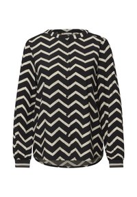 Blusa a rayas en zigzag en blanco y negro con escote redondo, mangas largas, cierre de botones y puños elásticos. Textura de tela suave.