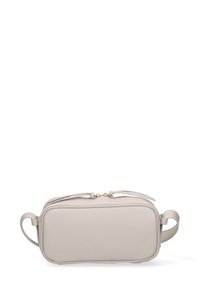 Borsa in pelle grigia chiara, rettangolare, con due manici laterali e chiusura con zip, caratterizzata da dettagli di cucitura sottili e una texture liscia.
