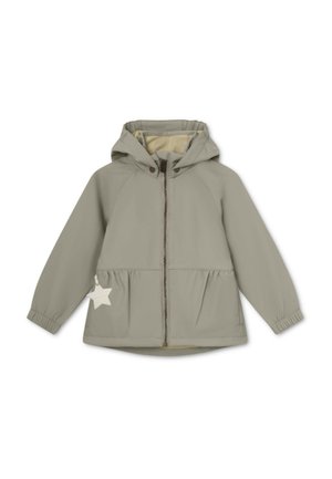 Veste à capuche gris clair avec une fermeture éclair à l'avant, des poignets élastiques et une taille peplum. Elle présente un accent étoile blanche sur le côté.