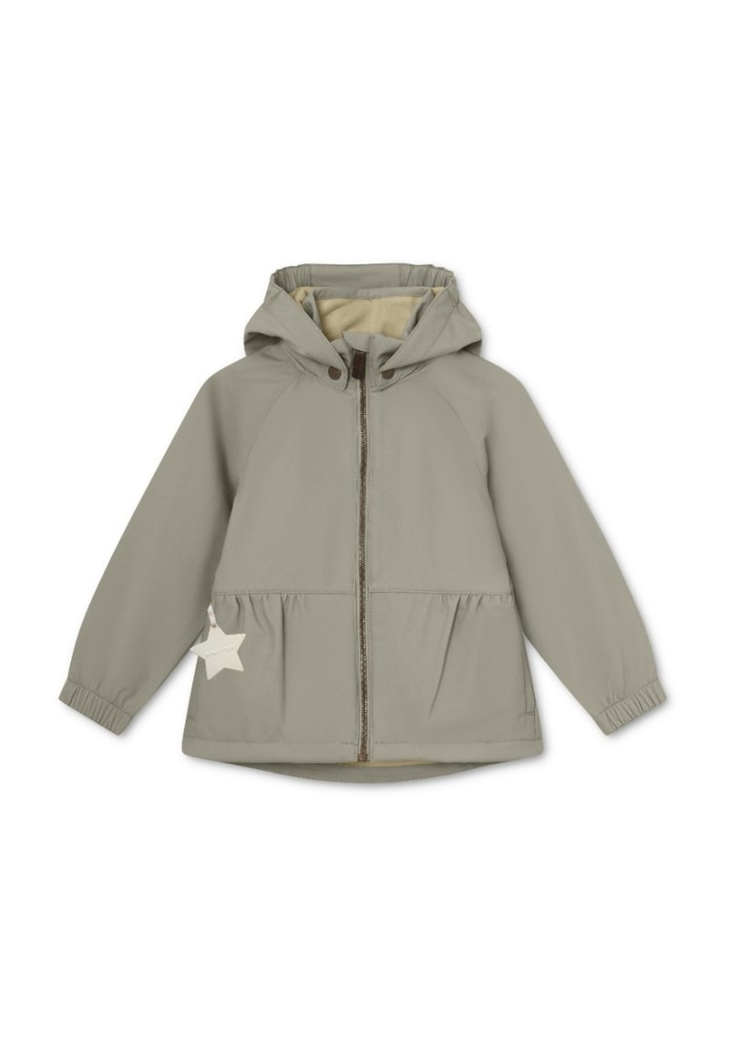 Lichtgrijze hooded jas met een rits aan de voorkant, elastische manchetten en een peplum taille. Heeft een witte steraccent aan de zijkant.