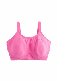Roze sportbeha van soepele stof, met brede verstelbare bandjes en een gestructureerd ontwerp met gevormde cups en een logo rechtsonder.