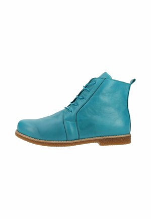 Turquoise leather ankle boot with lace-up front and brown rubber sole shown in side profile on white background.