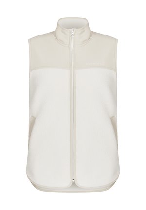Gilet senza maniche di un beige chiaro con chiusura a zip, realizzato in morbido pile, con un pannello spalla liscio e tasche laterali.