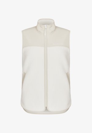 Jasno beżowa bezrękawnik z zamkiem, wykonany z miękkiego polaru, z gładkim panelem na ramionach i bocznymi kieszeniami.