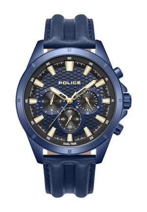 Blaues Uhrenmodell mit einem sechseckigen Zifferblattmuster, goldenen Akzenten, Chronographen-Funktionen und einem strukturierten blauen Lederarmband. Enthält eine Anzeige für die doppelte Zeit.