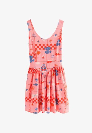 Rochie roz fără mâneci, cu decolteu rotund, având un design cu motive în roșu și albastru și o fustă plisată.