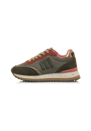 Sportliche Sneakers mit einer Mischung aus olivgrünem Wildleder und Mesh, bronzenen Akzenten, pinkem Ferse und einer gesprenkelten weißen Zwischensohle. Strukturiertes Design.