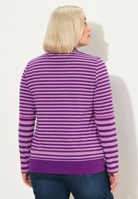 Lila und lila gestreifter Langarm-Top mit rundem Ausschnitt und figurbetonten Ärmeln, mit einem unifarbenen lilanen Saum. Weicher, gestrickter Stoff.