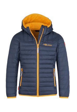 Navy blue puffer jacket with orange inner lining, hood, front zipper, two zippered pockets, and "TROLLKIDS" logo on chest.