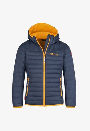 Navy blue puffer jacket with orange inner lining, hood, front zipper, two zippered pockets, and "TROLLKIDS" logo on chest.